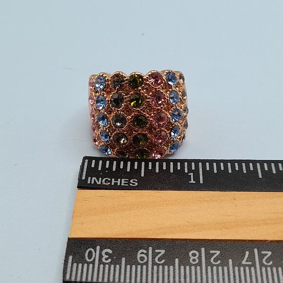 Multicolored Rhinestone Wide Band Ring, Rose Gold Tone, Size 7.75 - Picture 6 of 14
